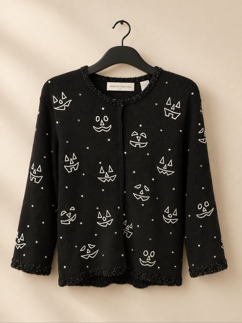VTG Marisa Christina Halloween Jack O Lantern Cardigan Sweater Black M Mint